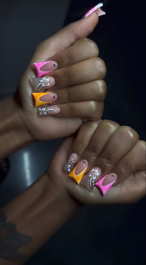 Summer Duck Nails Acrylic, Duck Summer Nails, Summer Duck Nails, Orange Duck Nails, Short Orange Acrylic Nails, Cute Summer Duck Nails, Tropical Duck Nails, Duck Nail Designs Nailart, Exotic Nail Designs