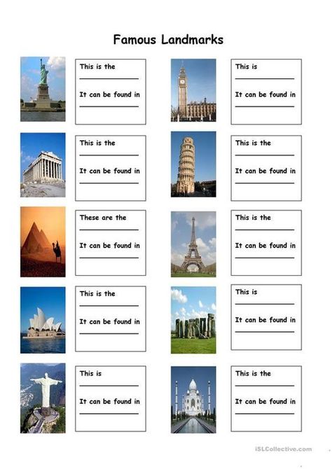 This is a fun worksheet about different famous landmarks from around the world. Students have to name the landmark and the place it is located in. Geography Worksheets, Geography For Kids, History Worksheets, Sistem Solar, Les Continents, World Geography, Famous Buildings, English Activities, Famous Landmarks