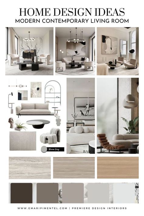 Modern Contemporary Living Room Moodboard Modern Contemporary Mood Board, Contemporary Mood Board, Living Room Moodboard, Modern Contemporary Interior Design, Square Building, Room Moodboard, Modern Contemporary Living, Materials Board Interior Design, Mood Board Interior