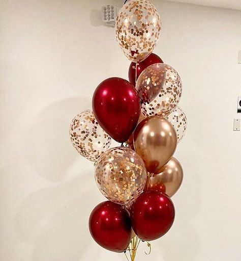 Red Baloons Ideas, Red Gold Balloons Decoration, Gold And Red Birthday Decorations, Gold And Red Birthday Theme, Gold And Red Party Decorations, Red Gold Decorations Party Ideas, Burgundy And Gold Birthday Party Ideas, 40th Wedding Anniversary Party Ideas Ruby Red, Red Balloon Decorations Birthday