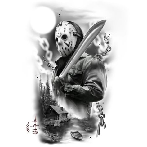 Jason Tattoo Design, Jason Voorhees Tattoo Designs, Jason Voorhees Tattoo, Jason Tattoo, Michael Myers Tattoo, Hahaha Joker, Meaningful Tattoos For Men, Horror Tattoos, Friday The 13th Tattoo