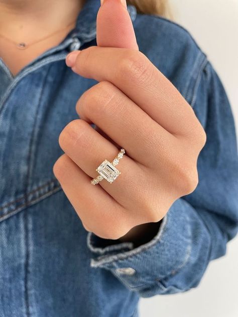 Gold Emerald Cut Engagement Ring, Dream Wedding Ring, Emerald Cut Diamond Engagement Ring, Cathedral Setting, Emerald Cut Diamond Engagement, Cute Engagement Rings, Future Engagement Rings, Emerald Cut Engagement, Yellow Gold Wedding Ring