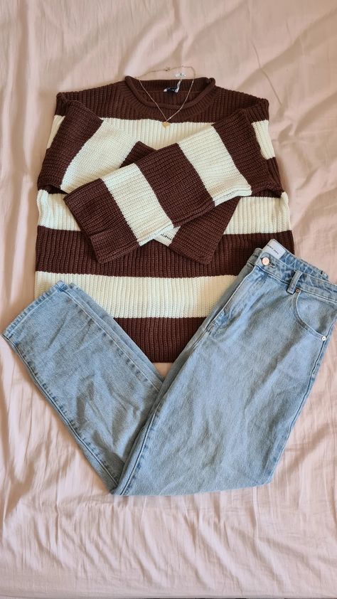 brown and cream stripe sweater blue denim jeans heart necklace outfit aesthetic Brown And White Striped Sweater Outfit, Heart Necklace Outfit, Striped Sweater Brandy Melville, Brown And Gray Striped Sweater, Brown Striped Sweater, Brown And Wjite Dtriped Sweater, Striped Sweater Outfit, Necklace Outfit, Brown Outfit