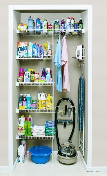 10 Utility Closet Organization Ideas • Organization Junkie Cleaning Closet Organization, Utility Room Storage, Cleaning Supply Storage, Utility Closet, Desain Pantry, Laundry Room Closet, Closet Organization Diy, Laundry Closet, Cleaning Closet