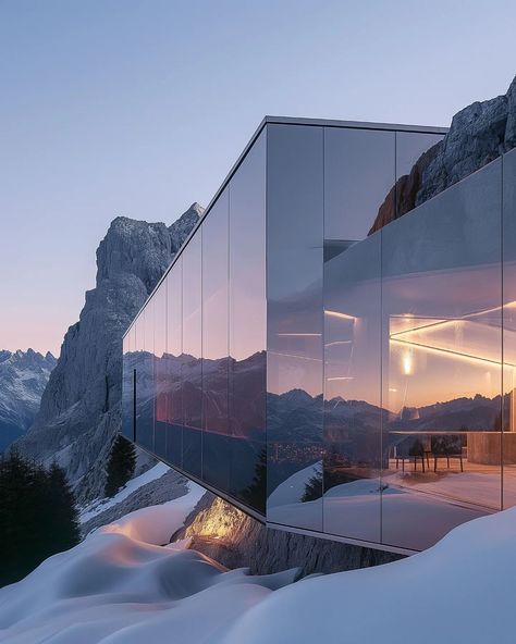 Building In Mountain Architecture, Monochromatic Interior, Bunker Home, Mountain Architecture, Mountain Hotel, Luxury Architecture, Shelter Design, Dark Modern, Minimal Architecture