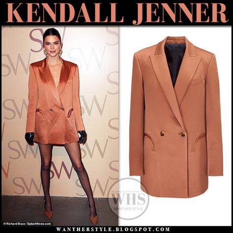 Kendall Jenner in satin rust blazer dress and brown pumps #dress #minidress #tailored #style #fashion #party #nyfw #model #celebrity #orange #designer #chic #outfit Formal Ideas, Tailored Style, Brown Pumps, Satin Blazer, Black Leather Gloves, Jenner Style, Celeb Style, Kendall Jenner Style, Chic Outfit