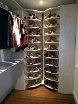 Spinning Shoe Rack Closet System - Lazy Lee modern-closet- holds over 200 pairs of shoes! Shoe Carousel Diy, Shoe Carousel Closet, Rotating Shoe Rack Closet, Rotating Shoe Rack Diy, Revolving Shoe Rack In Closet, Diy Spinning Shoe Rack, Master Closet Design Layout Walk In, Spinning Shoe Rack Closet, Revolving Closet