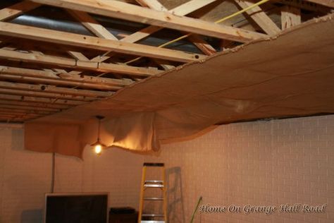 Burlap Ceiling How To Cover Insulation In Basement Ceiling, Burlap Ceiling Basement, Diy Basement Ceiling Ideas Fabric, Burlap Basement Ceiling Ideas, Burlap Ceiling Ideas, Fabric Ceiling Basement, Burlap Ceiling, Barn Doors For Windows, Boho Basement