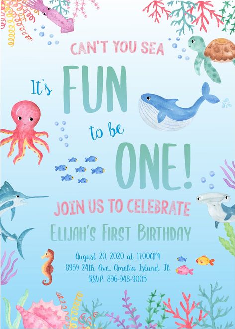 1st Birthday Party Ideas Under The Sea, Under The Sea Invitations 1st Birthdays, Underwater Theme 1st Birthday Party, Under The Sea Birthday Invite, Sea Animal Birthday Party Ocean Themes, Aquarium First Birthday, Sea First Birthday, Sea Animal First Birthday, First Birthday Shark Theme