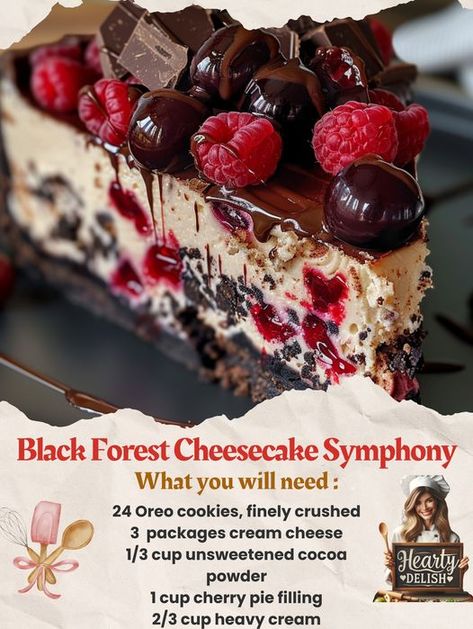 Hearty Delish | 🍰🎶🍒 Black Forest Cheesecake Symphony | Facebook Coconut Loaf Cake, Peeps Cake, Black Forest Cheesecake, Oreo Crust, Cherry Pie Filling, Loaf Cake, Desserts To Make, Cherry Pie, Oreo Cookies