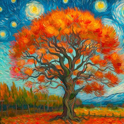 Autumn Tree Outside of a Field - Fall Tree in Vincent Van Gogh’s Style by Star-Fragment | Redbubble Van Gogh Orange, Star Fragment, Orange Pfp, Giant Canvas, Scenery Art, Fall Tree, Autumn Tree, Autumn Inspired, Memorial Tattoo