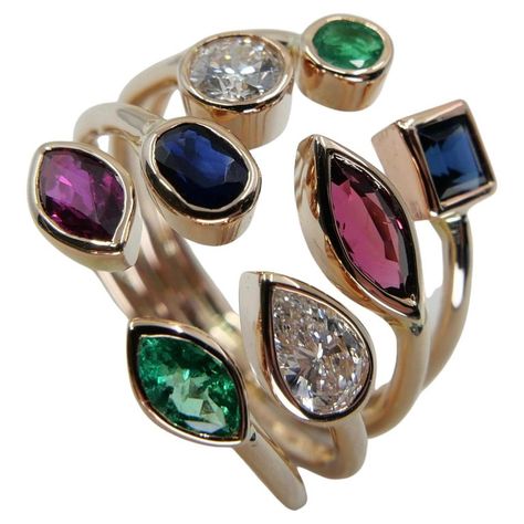 Multi Stone 18K Rose Gold Diamond, Emeralds, Sapphires and Rubies Cocktail Ring Multi Gem Ring, Stone Ring Design, Rubies And Diamonds, Gemstone Stacking Ring, Colorful Stones, Multi Gemstone Ring, Precious Rings, Contemporary Ring, Earrings Inspiration