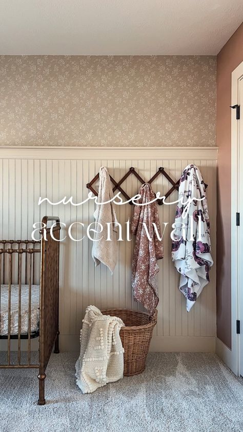 Kristen Nicole | Opal and Home | Home Design & Decor | DIY | The nursery accent wall is giving vintage and I love it! I had such a hard time picking the wallpaper in here and I swear it took me a... | Instagram Wood Panel Nursery Wall, Wallpaper And Beadboard Nursery, Wallpaper Baby Nursery, Bead And Board Walls, Half Wallpaper Half Paneling Nursery, Accent Wall Bedroom Nursery, Crown Molding Nursery, Nursery Beadboard Walls, Beadboard Nursery Wall