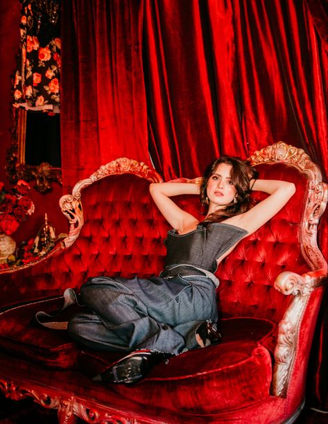 Red Couch Photoshoot, Photoshoot Couch, Curtain Photoshoot, Red Couch, Magazine Photoshoot, Laura Marano, Austin And Ally, Green Architecture, Red Curtains