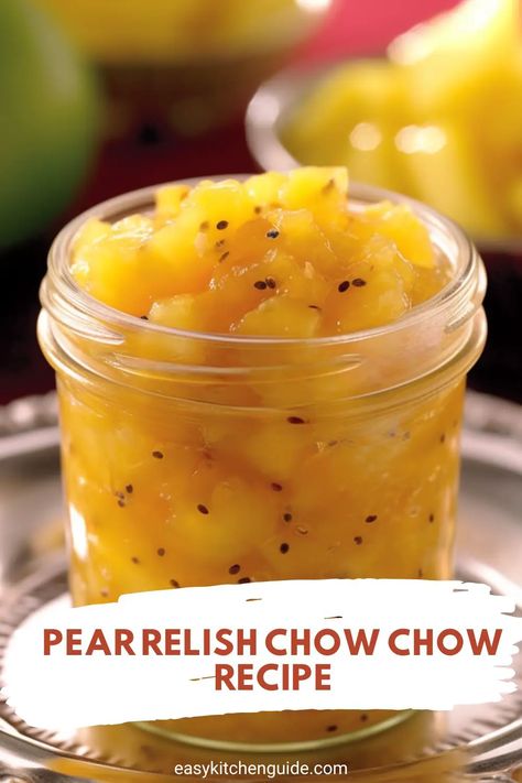 Get creative in the kitchen with this delicious pear relish chow chow recipe. With few ingredients and easy steps, you will make your pears shine! Pear Relish Chow Chow, Spiced Pickled Pears, Pear Salsa Recipes For Canning, Pear Relish Recipe, Mexican Carrots, Homemade Relish, Pear Chutney Recipe, Pear Relish, Chow Chow Relish