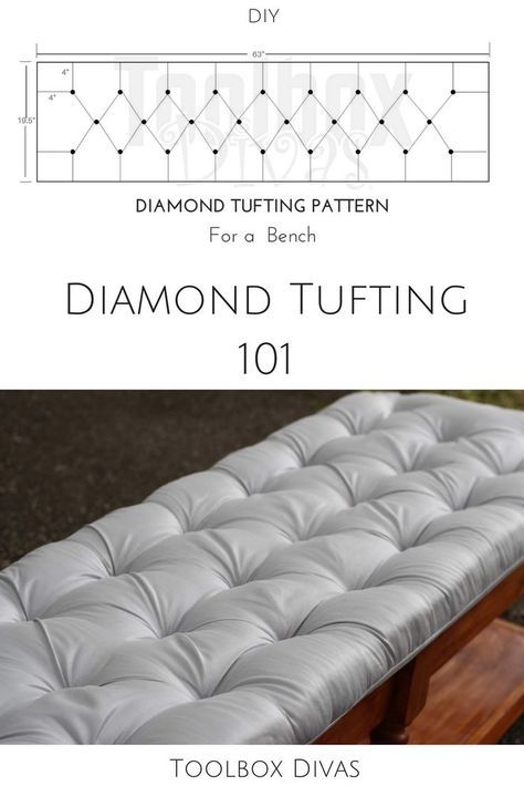 how-to tuft tutorial, I'll demonstrate the easiest tufting technique out there. Learn how to create diamond tufted headboards and benches like a professional without busting the budget. DIY projects on a budget. Create home decorations like a coffee tabl Tufting Tutorial, Diy Tufting, Diy Tufted Headboard, Headboard Diy, Diamond Tufted Headboard, Diy Home Decor For Apartments, Tufted Furniture, Tufted Headboards, Headboard Bench