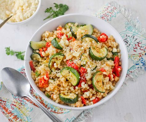 Parmesan Couscous, Roasted Vegetable Couscous, Making Couscous, Chicken Couscous, Veggie Side Dish Recipes, Roasted Zucchini, Couscous Recipes, Sundried Tomatoes, Cous Cous