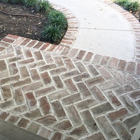 A look out our front door!  These bricks made the world of difference! When we had our driveway and sidewalk redone, the stoop was a different color cement - We covered the existing stoop with these bricks and lined the sidewalk to pull it all together! B-E-A-UTIFUL! These bricks are amazing! Hoping to add some pumpkins this weekend! ☺️ Mindfully Gray, Oasis Decor, Flagstone Walkway, Backyard Walkway, Walkway Landscaping, Brick Walkway, Walkway Design, Concrete Walkway, Paver Walkway