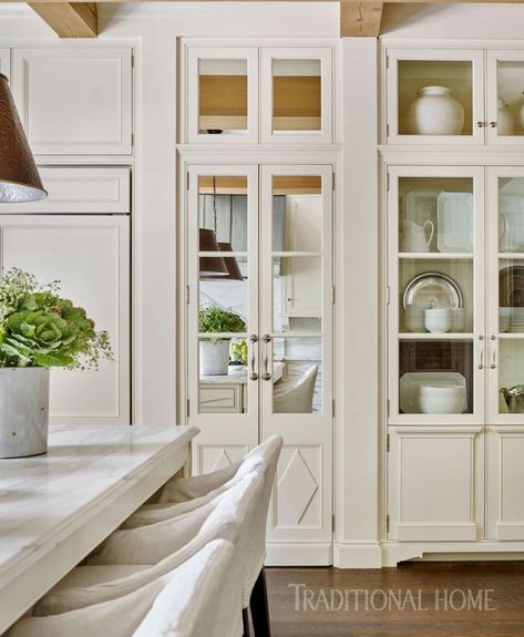 left set only mirrored - one on right is glass..................Seven on Sunday - The Enchanted Home Dreamy Kitchens, Bedroom Cabinet, Kitchen Beautiful, Mirrored Doors, All White Kitchen, New Kitchen Cabinets, Classic Kitchen, Home Luxury, Atlanta Homes