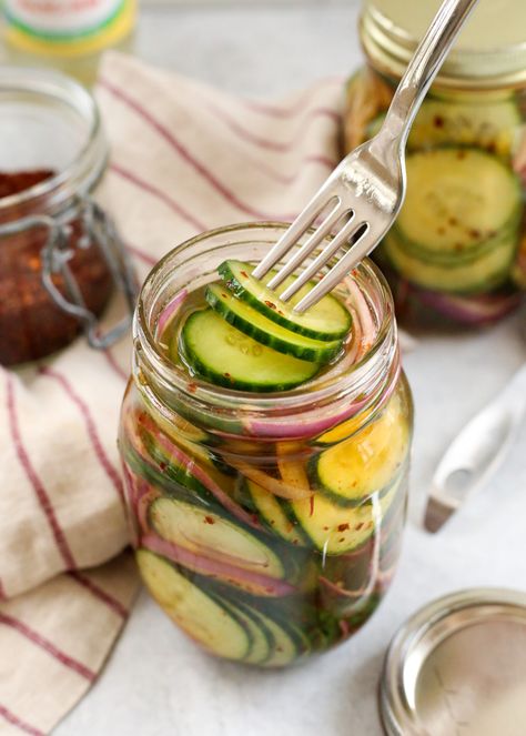 Quick Pickled Cucumbers and Onions Quick Pickle Cucumber And Onion, Pickled Cucumber Slices, Cucumber Refrigerator Pickles, Cucumber Freezer Recipes, Pickled Cucumbers And Onions Vinegar, Pickled Red Onions And Cucumbers, Pickled English Cucumbers, Quick Pickled Cucumbers And Onions, Pickled Onions And Cucumbers