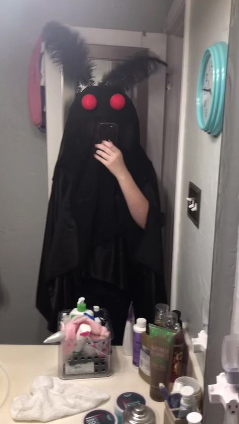 #spirithalloween #mothman #memelord #funny #cryptoid #aquariusenergy Moth Man Costume Diy, Moth Man Cosplay, Mothman Inspired Outfit, Mothman Halloween Costume, Mothman Crafts, Masked Costume Ideas, Mothman Outfit, Mothman Costume Diy, Moth Man Costume