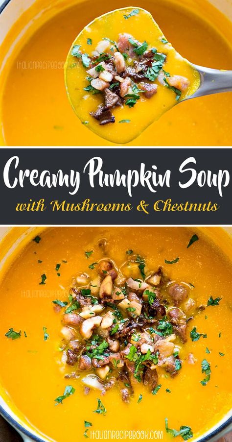 The most creamy, delicous Pumpkin Soup full of all flavors! #pumpkinsoup #basilpumpkinsoup #easypumpkinsoup #nocreampumpkinsoup Pumpkin Chestnut Soup, Pumpkin And Mushroom, Pumpkin Mushroom Soup, Creamy Pumpkin Soup Recipe, Salad Board, Chestnut Soup, Soup With Mushrooms, Cream Of Pumpkin Soup, Christmas Diner