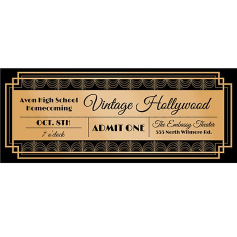 These Vintage Hollywood Personalized Tickets feature a Classic Hollywood style background along with your party details. The Vintage Hollywood Tickets can also double as an invitation. Personalized ticket features: Free personalization! Buy more, save more! Measures 2" wide x 4 3/4" high. Choose horizontal or vertical. Printed on one-side of white card stock. Vintage Hollywood Party Theme, Vintage Hollywood Theme, Prom Committee, Hollywood Dance, Hollywood Gala, Pink And Gold Background, Prom Tickets, Vintage Tickets, Prom Planning