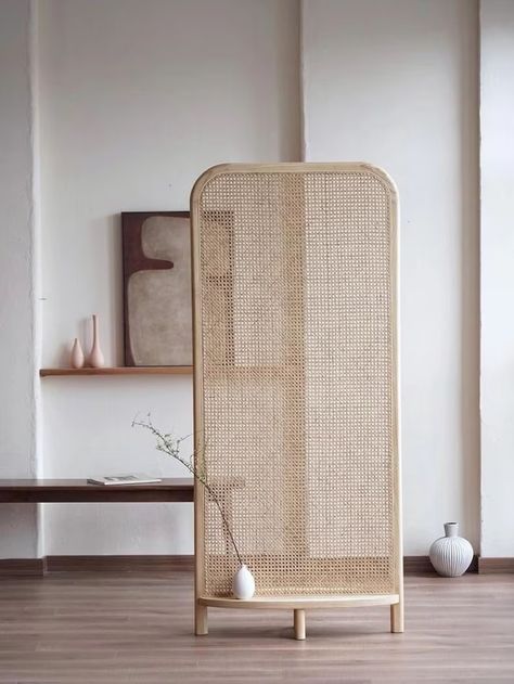 Mid Century Modern Wabi Sabi Wood Cane Panel Privacy Screen Room Divider Panel With Platform - Etsy Mexico Wabi Sabi Room, Wabi Sabi Wood, Bedroom Screens, Cane Panel, Partition Divider, Modern Wabi Sabi, Portugal House, Wall Partition Design, Screen Room Divider