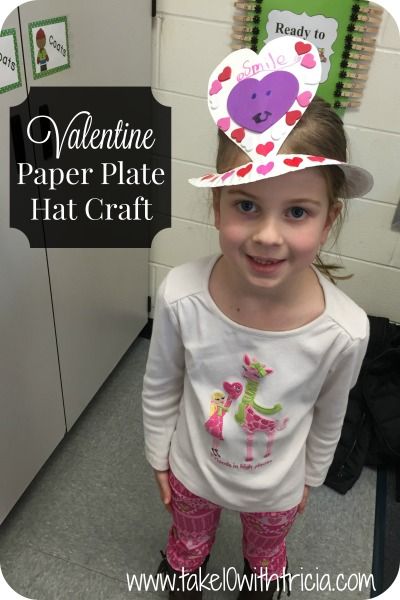 Valentine Paper Plate Party Hat Craft | Take 10 With Tricia Valentines Day Hat Craft For Kids, Paper Plate Hats, Party Hat Craft, Stack Of Paper, Valentine Plates, Valentine Paper, Valentine Boxes, Party Crafts, Valentine Party