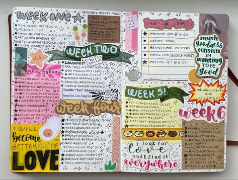 maximalist weekly bullet journal bujo spread colorful studyblr inspjration Maximalist Journal, Junk Journal Spread, Weekly Bullet Journal, Journal Spread Ideas, Bujo Weekly Spread, Journal Inspiration Writing, Bulletin Journal Ideas, Pretty Journals, Spring 23