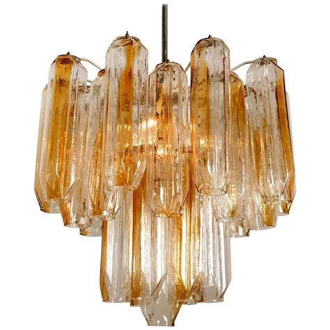 Clear and Orange/Amber Angled Glass Tubes Chandelier by J.T. Kalmar For Sale at 1stDibs Glass Structure, Steel Rod, Metal Structure, Amber Color, Glass Chandelier, Chandelier Pendant Lights, Chandeliers And Pendants, Amber Glass, Chrome Plating