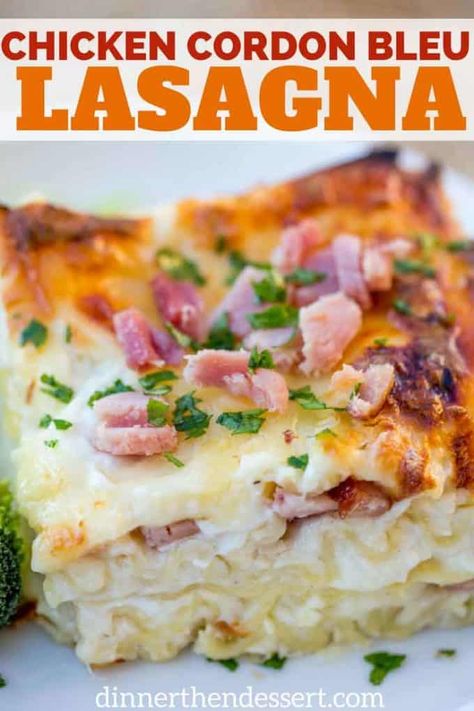 Chicken Cordon Bleu Lasagna made with Ham, Chicken, Swiss and Mozzarella cheeses is a different and fun cheesy lasagna your family will love using leftover chicken and ham! | #lasagna #chicken #ham #cordonbleu #pasta #easy #dinnerecipes #dinnerthendessert Ham And Fontina Lasagna, Chicken Cordon Blue Lasagna, Ham Lasagna, Cordon Bleu Lasagna, Lasange Recipe, Chicken Cordon Bleu Lasagna, Using Leftover Chicken, Chicken Cordon Bleu Casserole Recipe, Lasagna Chicken