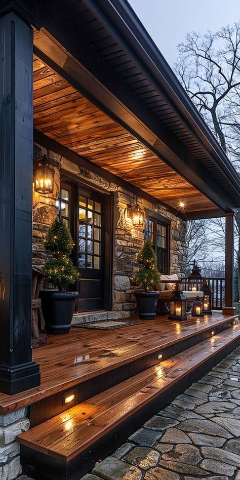 One Step Porch Ideas, House Fronts Modern, Front Porch Fireplace Ideas, High Porch Ideas, Unique Farmhouse Ideas, Mountain Front Porch, Front Porch Design Farmhouse, Cabin Front Porch Ideas, House Porch Ideas