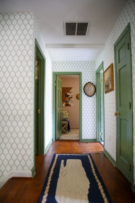 Rifle Paper Laurel Wallpaper in Hallway Wallpaper Landing, Wallpaper Narrow Hallway, Wallpapered Foyer, Blue Wallpaper Hallway, Wallpaper Small Hallway, Wallpaper Hallway Stairs, Little Greene Wallpaper Hallway, Wallpaper Border Hallway, Laura Ashley Hallway Wallpaper