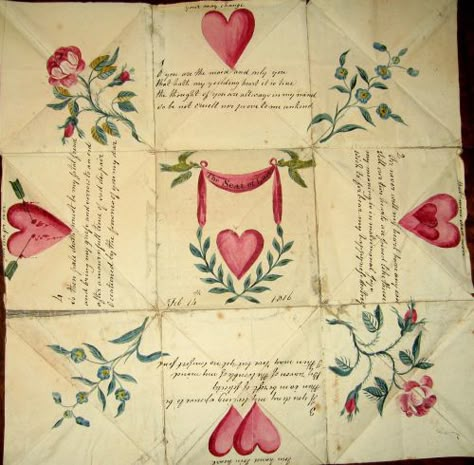 This image by Nancy Rosin (2007) from victoriantreasury.com  is of a puzzle purse dated February 14, 1816! By clicking on the link, you can read about these wonderful puzzle purses, and how and why they were made. (Sweethearts exchanged them as early as the 1790s.) Happy Valentine’s Day to all my re Puzzle Purse, Valentines Puzzles, Valentine History, Victorian Valentines, Hearts And Flowers, Romantic Holiday, My Funny Valentine, Love Token, Paper Heart