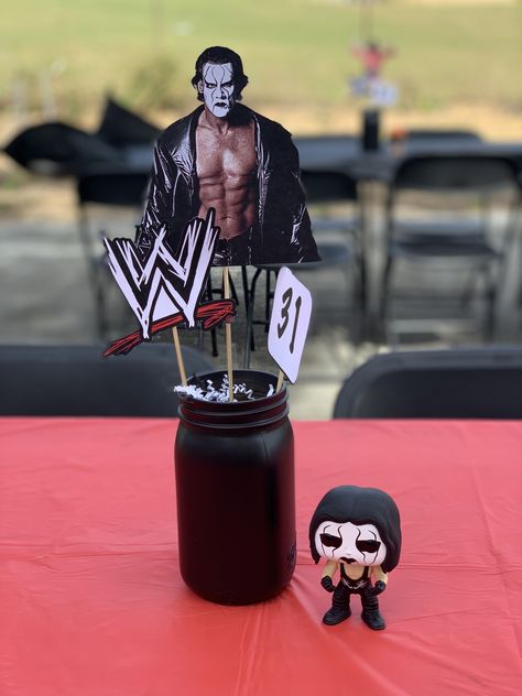 Wwe Centerpieces Ideas, Wwe Party Decorations, Wwe Bday Party Ideas, Wwe Birthday Party Ideas Decoration, Wwe Birthday Party Ideas Decoration Diy, Wwe Birthday Party Centerpiece, Swim Party Cupcakes, Wwe Birthday Party Ideas Free Printable, Wrestlemania Party