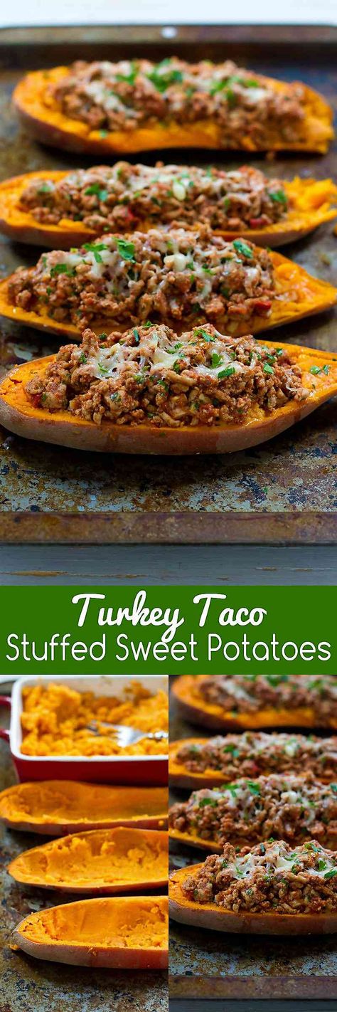 20 minute meal! These Turkey Taco Stuffed Sweet Potatoes are a fantastic option when you need a quick dinner recipe. 234 calories and 6 Weight Watchers SmartPoints Sommer Mad, Turkey Taco, Stuffed Sweet Potatoes, Turkey Tacos, Comidas Fitness, Diner Recept, 20 Minute Recipes, Quick Dinner Recipes, Sweet Potato Recipes