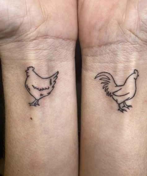 Cute Farm Animal Tattoos, Rooster Tattoos For Women, Hen And Rooster Tattoo, Rooster Outline Tattoo, Simple Chicken Tattoos For Women, Matching Chicken Tattoos, Simple Chicken Tattoo, Rooster Tattoo For Women, Cute Chicken Tattoo