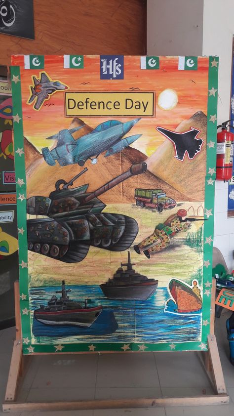 6 September Defence Day Pakistan Drawing, Defence Day 6 September Decoration, Defence Day Pakistan Drawings, September Decorations, Bulletin Boards School, Defence Day, Craft Activities For Toddlers, August Themes, Class Board