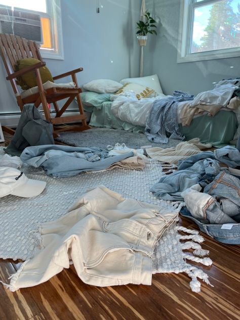 Pile Of Clothes Aesthetic Messy, Messy Room Reference, Messy Clean Aesthetic, Organized Mess Aesthetic, Messy But Clean Room, Clothes On Floor Aesthetic, Messy Hotel Room, Messy Clothes On The Floor, House Chores Aesthetic