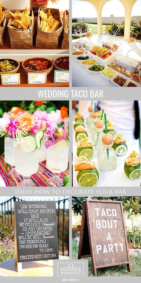 How To Decorate Wedding Taco Bar ❤ Wedding taco bar is something unusual and fun. So, why not make your wedding with a taco bar? See more: http://www.weddingforward.com/wedding-taco-bar/ #wedding #decor #tacobar Tacobar Party, Taco Bar Wedding, Backyard Wedding Food, Taco Bar Party, Mexican Bridal Showers, Fiesta Bridal Shower, Tacos And Tequila, Taco Party, Reception Food