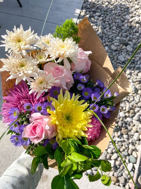 Aster Bouquet, Purple Aster, Yellow Rose Bouquet, Yellow Carnations, Roses Purple, Boquette Flowers, Flower Bucket, Pink Carnations, Romanticizing Life