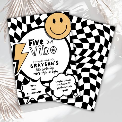 Gather your crew and get ready to  party with these cool five is an vibe invitations! This fun and unique invitation features a punk skater smiley design that is perfect for any little boy's birthday party. The invitation has two sides and can be edited in Canva and then sent digitally or printed  to send to guests with the convenience of this instant download. THIS IS A DIGITAL CANVA TEMPLATE. YOU WILL NOT RECEIVE A PHYSICAL ITEM. YOU CAN CUSTOMIZE ALL TEXT WITH FONT SIZES AND COLORS IN CANVA T 5 Themed Birthday Party, Boys Fifth Birthday Party Ideas, Six Birthday Theme, 5th Birthday Themes Boy, Boys 5th Birthday Theme, 5 Is A Vibe Birthday Party Boy, Five Is A Vibe Birthday Party Boy, 5 Year Birthday Party Ideas Boy, 5th Birthday Party Themes