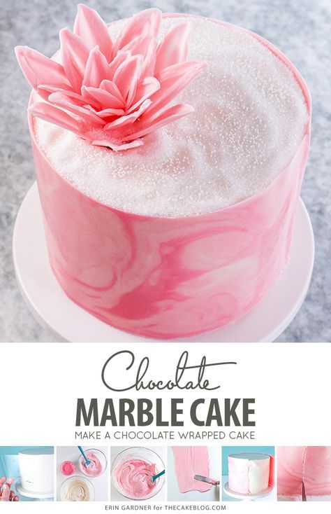 Marbled Chocolate Cake - how to wrap a cake with marbled chocolate | by Erin Gardner for TheCakeBlog.com How To Marble Cake Frosting, Marbled Cake Frosting, Chocolate Techniques, Marble Buttercream, Easter Cupcakes Easy, Marbled Chocolate, Chocolate Marble Cake, Chocolate Decor, Flower Chocolate