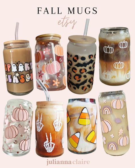 Glass Coffee Cup Design Ideas, Glass Mason Jar Cups, Halloween Cricut Cups, Fall Cup Designs, Coffee Cup Design Ideas, Glass Mug Cricut, Fall Glass Painting Ideas, Holiday Glass Cups, Fall Cup Ideas