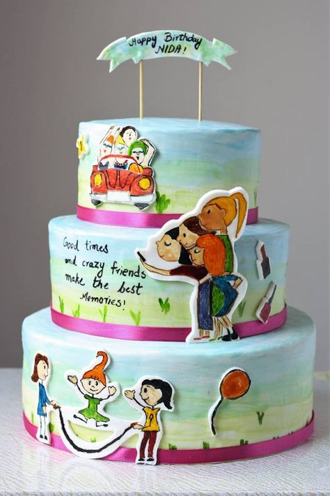 Friendship theme cake with all hand painted details - all three signature flavors! Birthday Cake For Friendship, Friendship Cake Design Friends, Bakery Printables, Homemade Baking Recipes, Friendship Cake, Beautiful Cake Pictures, Friendship Theme, Homemade Baking, Cakes Recipes