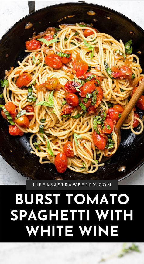 Burst Tomatoes Pasta, Smashed Tomato Pasta, Vegetarian Red Sauce Pasta, Bursting Tomato Pasta, White Wine Cherry Tomato Pasta, Spaghetti With Grape Tomatoes, White Wine Tomato Pasta Sauce, Cherub Tomatoes Recipe, Baked Cherry Tomato Pasta