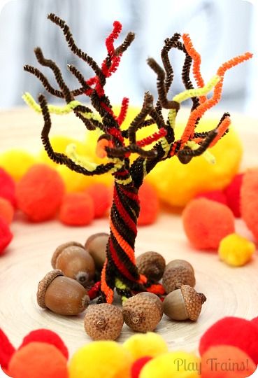 Fall Pipe Cleaner Crafts For Kids, Fall Pipe Cleaner Crafts, Pompon Trees, Pumpkin Pipe Cleaner, Pom Pom Tree Craft, Apple Pom Pom Activity, Pipe Cleaner Tree, Pipe Cleaner Diarama Tree, Stick Tree