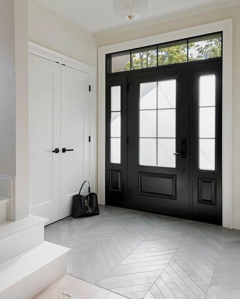 Black Foyer Door Entryway, Foyer Black Door, Adding A Front Vestibule, Single Front Door With Sidelights And Transom, Black Front Door With Transom, Door Way Entry Ideas, Front Hall Tiles Entryway, Front Door With Sidelights And Transom, Front Door Entrance Interior Foyers