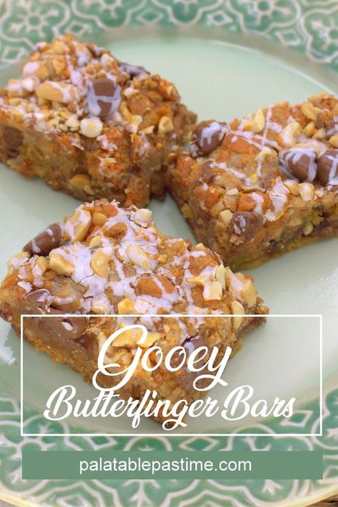 Gooey Butterfinger Bar are  filled with Butterfingers,  chocolate chips, caramel, peanuts, and peanut butter  for  an over the  top cookie experience. #cookies #butterfingers #baking #recipes Healthy Butterfinger Bars, Butterfinger Cookie Bars, Butterfinger Crumble Cookies, Butterfinger Pieces Recipes, Butterfinger Bars Recipe, Peanut Butter Crust, Reese’s Butterfinger Cheesecake Bars, Butter Finger Dessert, Butterfinger Cookies